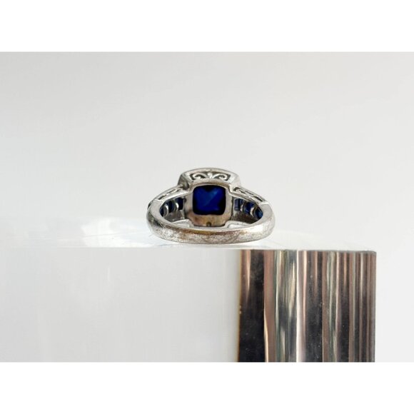 Blue Sapphire Cushion Cut Faceted 925 Sterling Silver Vintage Ring - sz 7 - Picture 10 of 12